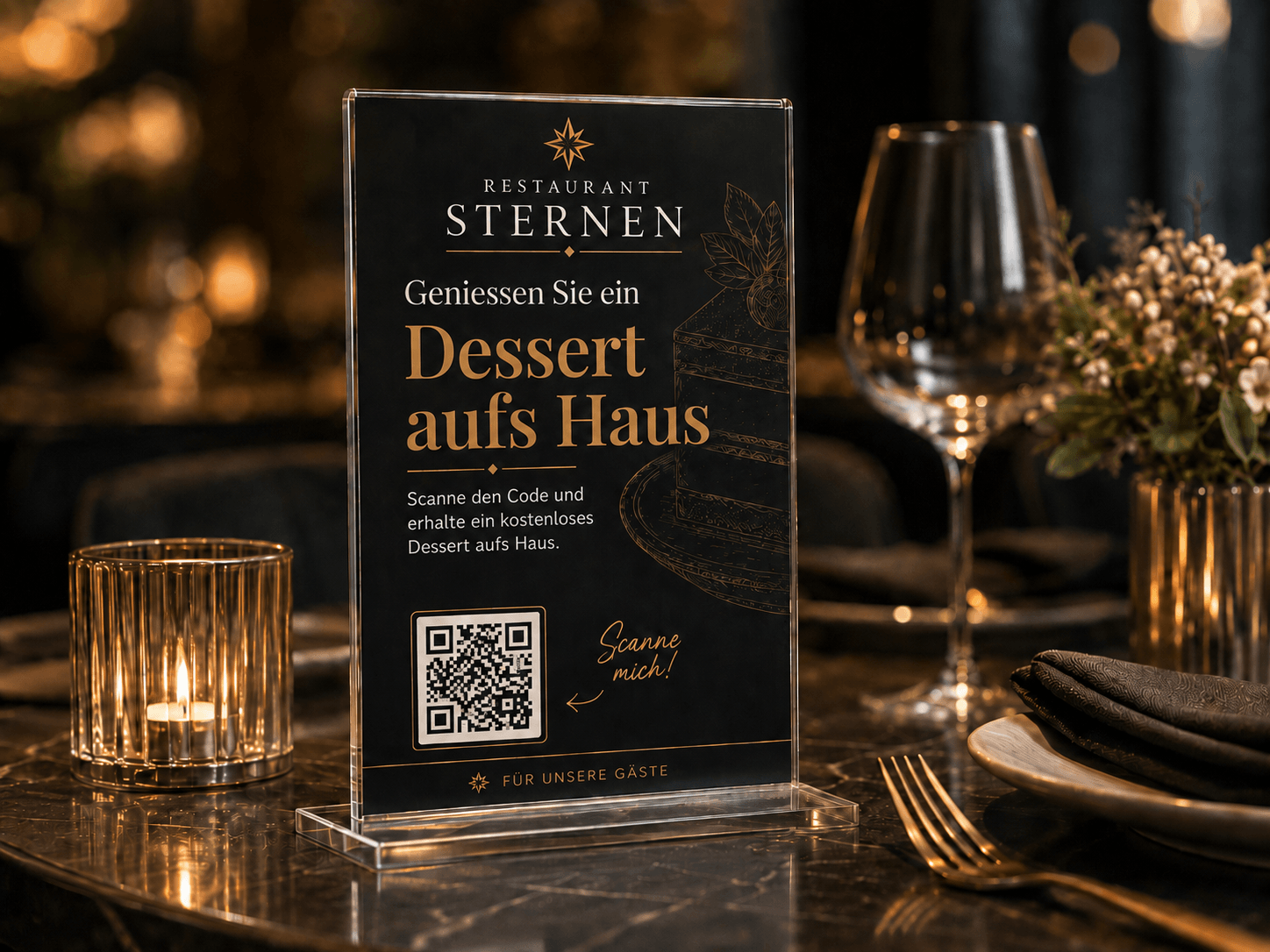QR-Code Tischaufsteller mit Dessert aufs Haus am Tisch