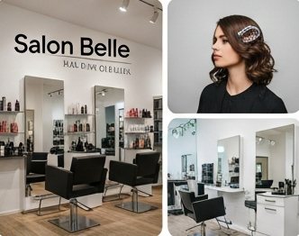 Fotos des Salons und einer Kundin mit gestylten Haaren
