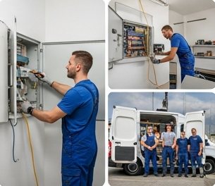Fotos eines Elektrikers bei der Arbeit und des Teams vor dem Transporter